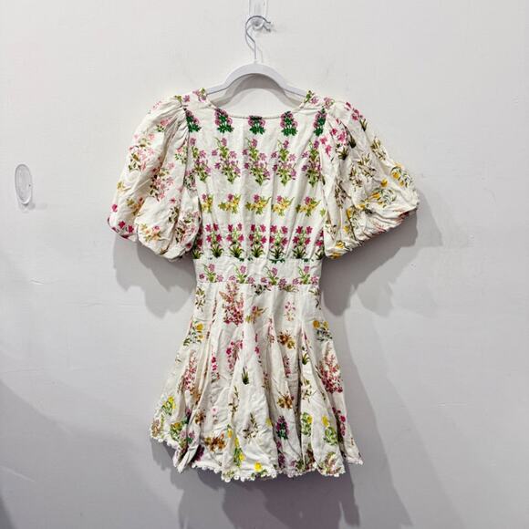 Hemant & Nandita Floral Puff Sleeve Babydoll Skater Mini Dress White Women's XS - Picture 4 of 6